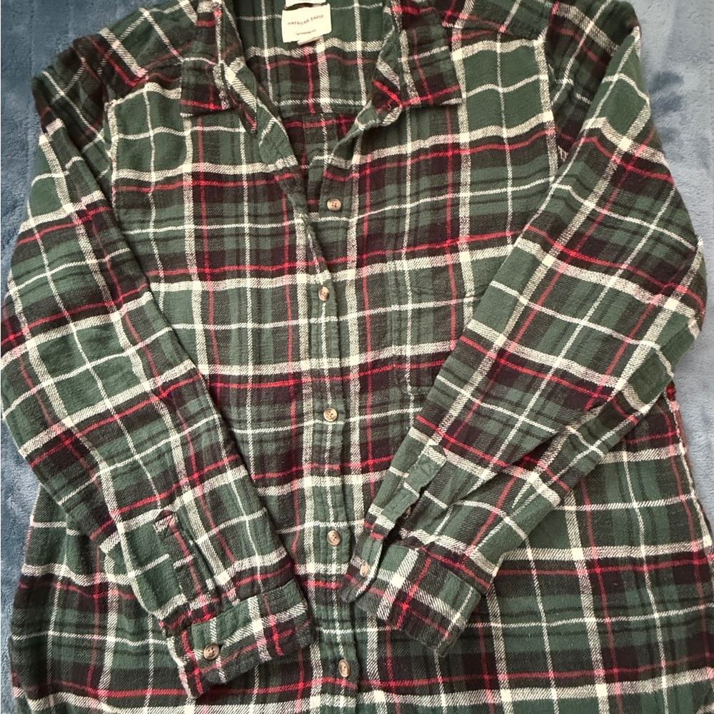 American Eagle Outfitters Green, Black and Red Plaid Casual Shirt
